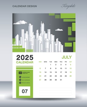 Calendar 2025 design template- July 2025 year layout, vertical calendar design, Desk calendar template, Wall calendar 2025 template, Planner, week starts on sunday, green background vector