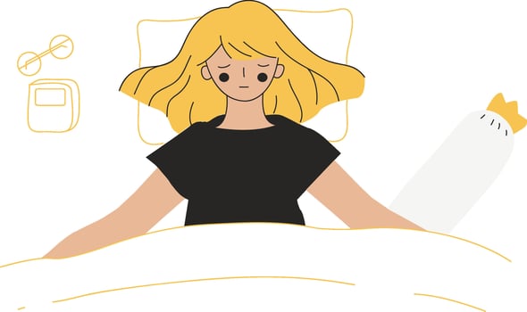 Sweet dreams banner. Happy young woman is fast asleep, having a good dream. Girl is lying in the bed under soft duvet and healthy sleeping. Sleep tight, sweet dreams concept. Flat illustration vector