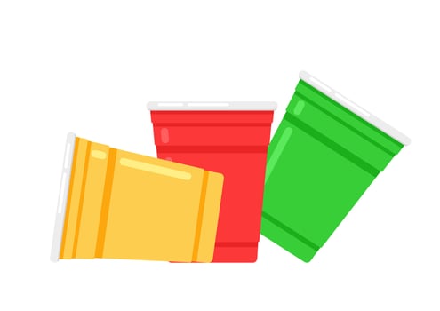Plastic cups . Red Beer Pong plastic cups with ball. Traditional drinking game illustration. vector