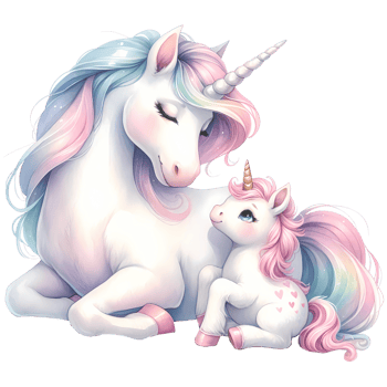 Beautiful illustration of a mother and baby unicorn with pastel colors, floral elements, and a dreamy background. Perfect for fantasy themes. png