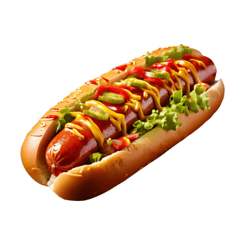 Quick snack in form of soft hot dog buns with sausage and mustard png