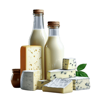 Milk in glass bottles and set of different types of cheese png