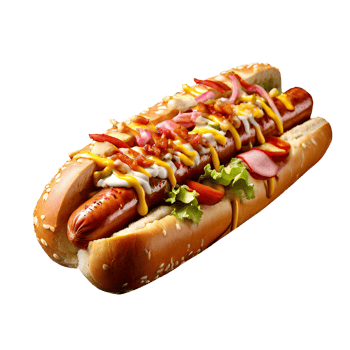 Quick snack in form of soft hot dog buns with sausage and mustard png