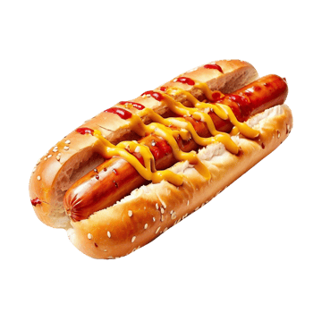 Quick snack in form of soft hot dog buns with sausage and mustard png