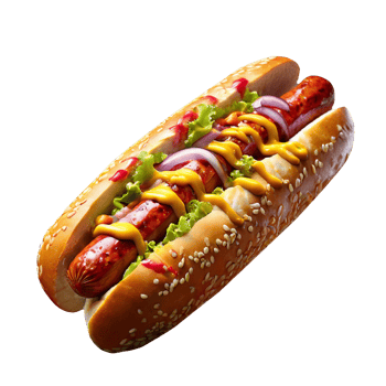 Quick snack in form of soft hot dog buns with sausage and mustard png
