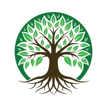 A stylized illustration of a green tree with its roots forming a circle around the trunk, symbolizing growth and interconnectedness. vector