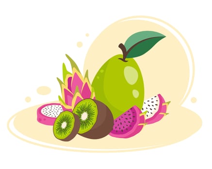 Exotic Fruit design. Hand drawn fruits composition. Natural organic healthy food. Tropical Sweet Fruit dessert. Carambola, guava, kiwi. flat cartoon illustration for stickers, posters, textile vector