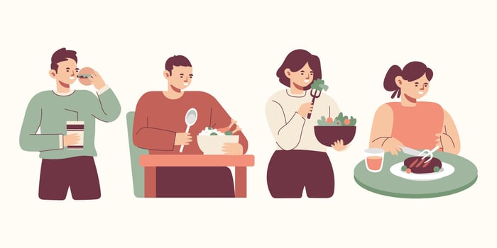 Happy eating cartoon character set in modern style illustration vector