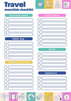 Travel essentials checklist, vacation planner printable template. Traveling Packing checklist. Organizer for trip, cruise, summer holidays, beach vacation, road trip, camping. Preparing for journey. vector