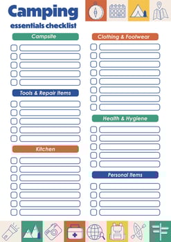Camping packings checklist. Travel essentials list. Packing checklist for road trip, camping. Journey, vacation, active tourism. For travel guide, active tourists. Packing must haves for wandering. vector