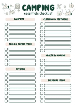 Camping packings checklist. Travel essentials list. Packing checklist for road trip, camping. Journey, vacation, active tourism. For travel guide, active tourists. Packing must haves for wandering. vector