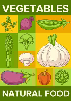 Fresh and healthy farm vegetables, natural food. Geometric modern vertical poster a4, eco veggies icons. Minimal abstract layout for banner, menu, flyer, cover, farmers market, brochure vector