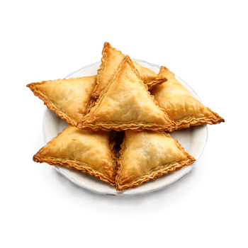 Samosas with crispy pastry spiced potato filling suspended and steaming Food and culinary concept png