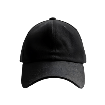 A black baseball cap with a satin lining. The hat is adjustable and has a curved brim png