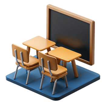 A school desk and chairs in front of a blackboard png