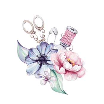 Watercolor scissors and spool of thread with flowers. Vintage sewing tools compositions. Handcraft in retro style. Vintage old-fashion, tailoring for logo, postcard, fabric, printing png