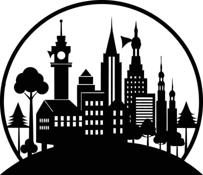Cityscape illustration of city skyline with buildings and trees vector