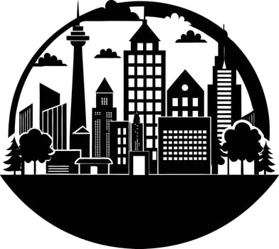 Cityscape illustration of city skyline with buildings and trees vector
