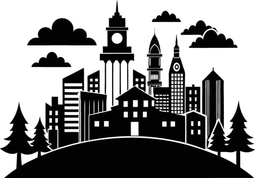 Cityscape illustration of city skyline with buildings and trees vector
