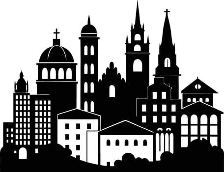 Cityscape illustration of city skyline with buildings and trees vector