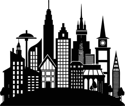 Cityscape illustration of city skyline with buildings and trees vector