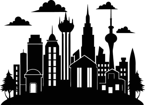 Cityscape illustration of city skyline with buildings and trees vector
