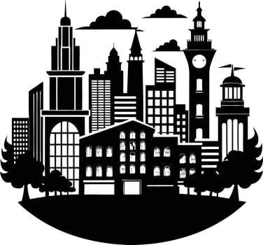 Cityscape illustration of city skyline with buildings and trees vector