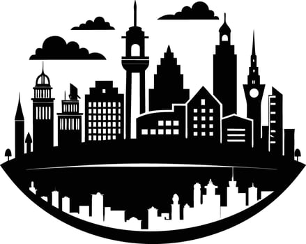 Cityscape illustration of city skyline with buildings and trees vector