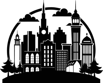 Cityscape illustration of city skyline with buildings and trees vector
