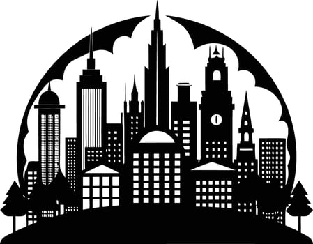 Cityscape illustration of city skyline with buildings and trees vector