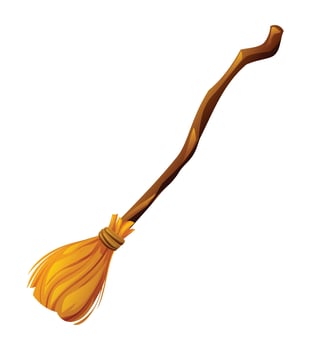 Witch broom with wooden handle and yellow bristles cartoon illustration vector