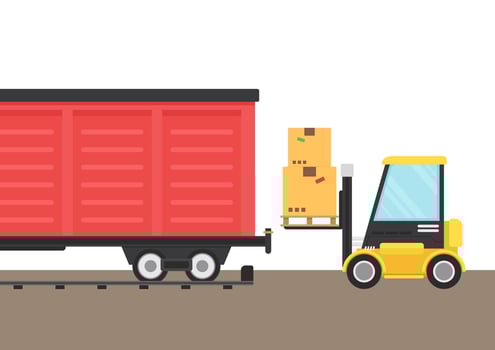 Rail freight transport . Container . Truck and Forklift . Forklift cartoon . vector