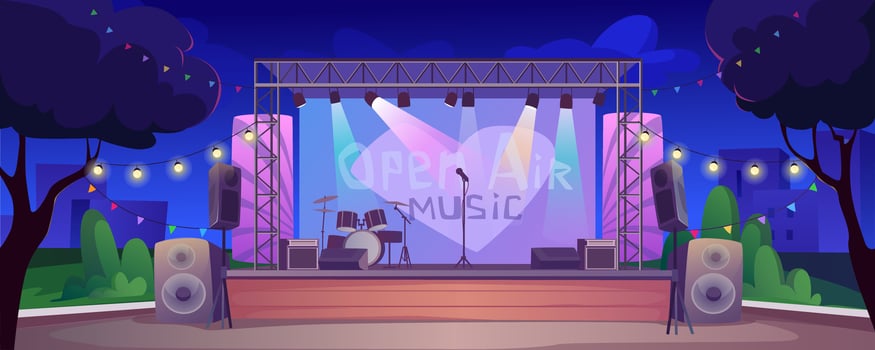 Festival music stage at night background banner for game design. Open air musical concert equipment with instrument on scene, amplifiers, spotlight and garland lights. cartoon illustration vector