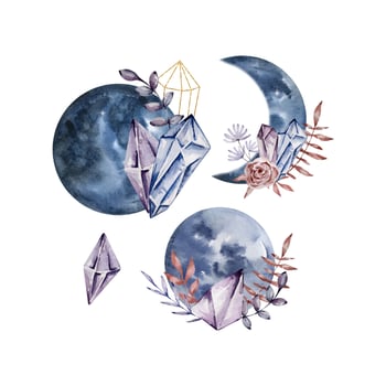 Watercolor moons with crystal and floral vector