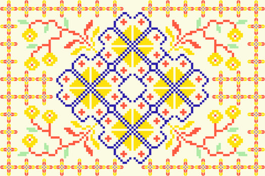 Geometric ethnic floral pixel art embroidery, Aztec style, abstract background design for fabric, clothing, textile, wrapping, decoration, scarf, print, wallpaper, table runner. vector