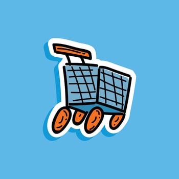 Shopping cart logo cartoon. Icon sticker on blue background. Shopping cart simple icon sticker. Hand drawn doodles in flat style vector