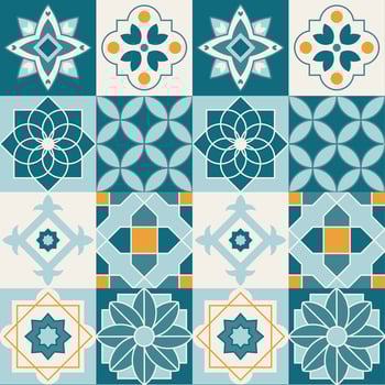 Arabic geometric mosaic printable seamless pattern with abstract Moroccan print in blue and orange colors. Ramadan Kareem Traditional Islamic art Illustration background vector