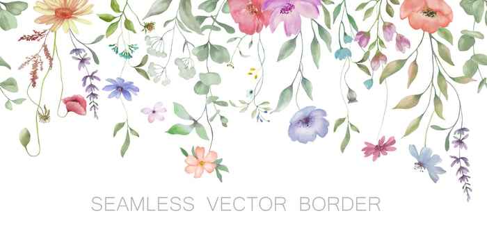 Seamless watercolor floral border. Hand drawn illustration isolated on white background. vector
