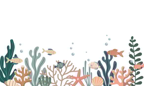 Fishes, seaweed and corals horizontal seamless border. Hand drawn underwater life. Great for fabric, textile, apparel, digital paper. Isolated on white background vector