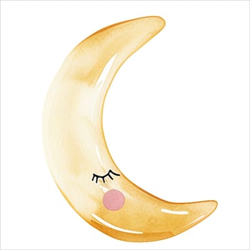 Cute watercolor sleeping moon with eyes. Magic childish decoration. Fairy illustration, pastel color. vector