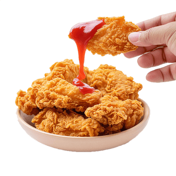 Fried Chicken piece coat with flour or batter that dipping with tomato or ketchup sauce isolated on transparent. Deep-fried Japanese chicken png