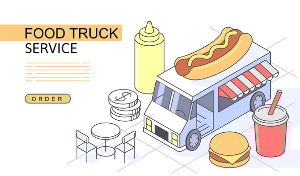 Food Truck Isometric Concept. Use for web page, banner, infographics. Flat illustration editable line. vector