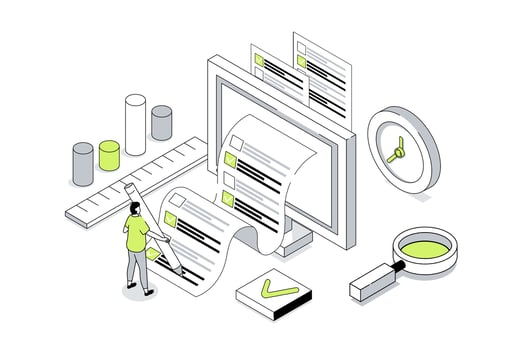 Online survey 3d isometric concept in outline isometry design for web. People giving feedback and evaluation, marking answer in questionnaire, voting in digital form on computer. illustration. vector