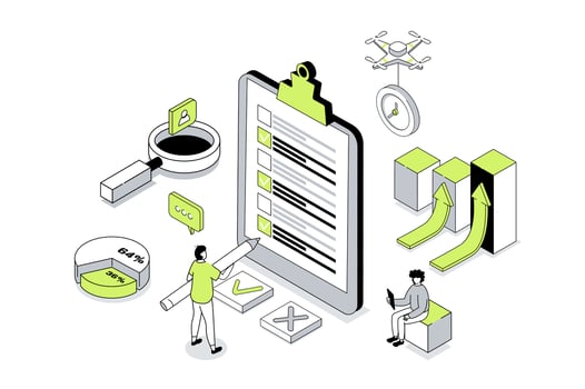 Survey 3d isometric concept in outline isometry design for web. People answering in questionnaire or quiz form, giving client feedback, choosing and marking in test checklist. illustration. vector