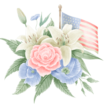 Watercolor Hand drawn illustration 4th of July Independence Day pink rose white lily blue flax flower bouquet Decoration Illustration Clipart with american flag png