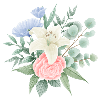 Watercolor Hand drawn illustration 4th of July Independence Day pink rose white lily blue flax flower bouquet Decoration Illustration Clipar png