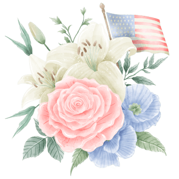 Watercolor Hand drawn illustration 4th of July Independence Day pink rose white lily blue flax flower bouquet Decoration Illustration Clipart with american flag png