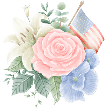 Watercolor Hand drawn illustration 4th of July Independence Day pink rose white lily blue flax flower bouquet Decoration Illustration Clipart with american flag png