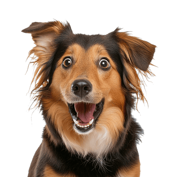 Studio portrait of funny and excited dog face shocked or surprised expression isolated on transparent background. Surprised dog with mouth open die cut style isolated. png