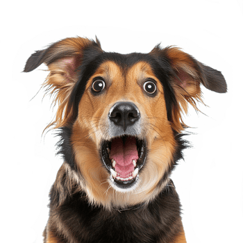 Studio portrait of funny and excited dog face shocked or surprised expression isolated on transparent background. Surprised dog with mouth open die cut style isolated. png